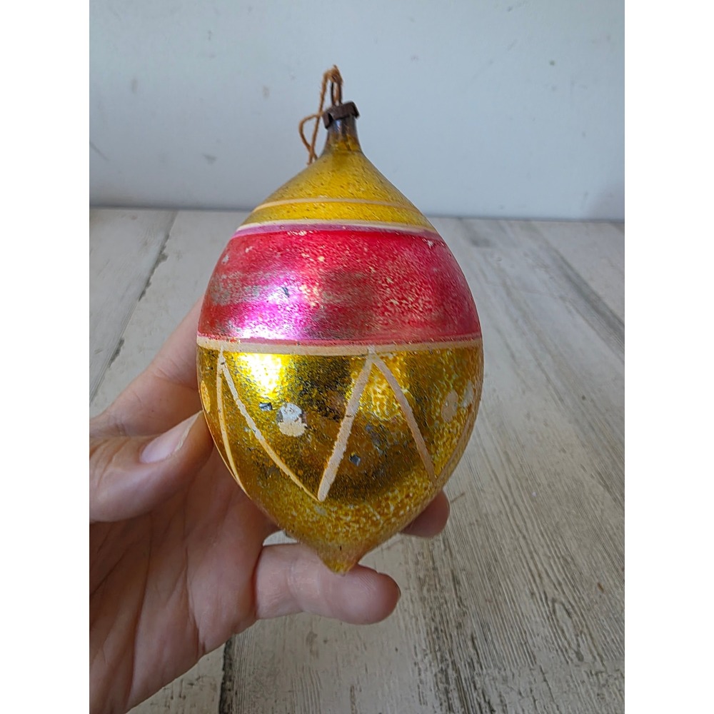Antique teardrop yellow pink jumbo striped Glass Mercury ornament Xmas tree big